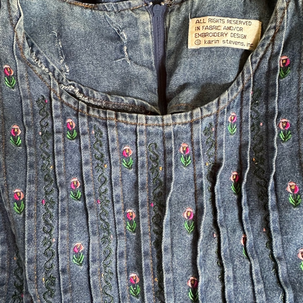 Vintage Rustic Denim Cottage Prairie Embroidered Floral Modest MidiDress ~ S/M? - Picture 10 of 16